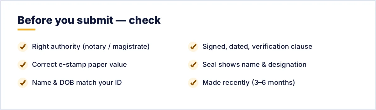 Checklist to avoid affidavit rejection: right authority, correct e-stamp paper, details match ID, signature and verification clause, seal with name, recent date